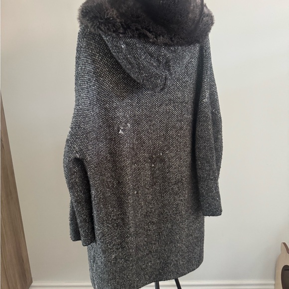Gray Double-Breasted Coat with Faux Fur Hood - Picture 3 of 3